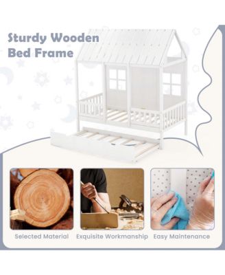 Twin Size House Bed with Trundle Fence Decor Wooden Windows Tall Roof