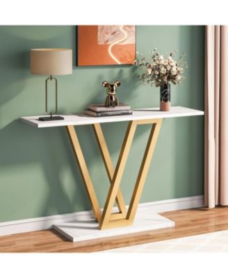 Gold Console Table, Modern Hallway Table for Entryway, 43 Inch Entryway Tables Narrow Sofa Table for Living Room, Stable Metal Frame & Easy Assemble, Faux Marble White