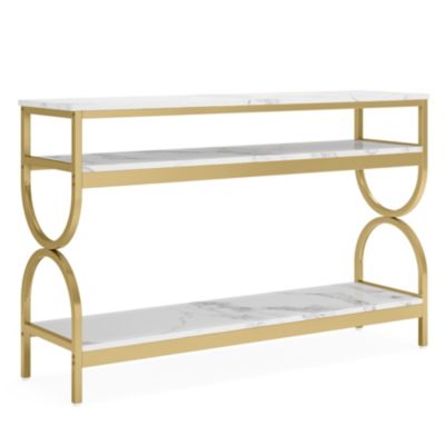 3-Tier Console Table, 55 inch Sofa Table with Open Storage Shelves, Narrow Long Hallway/Entryway Table with Faux Marble Top, White & Gold