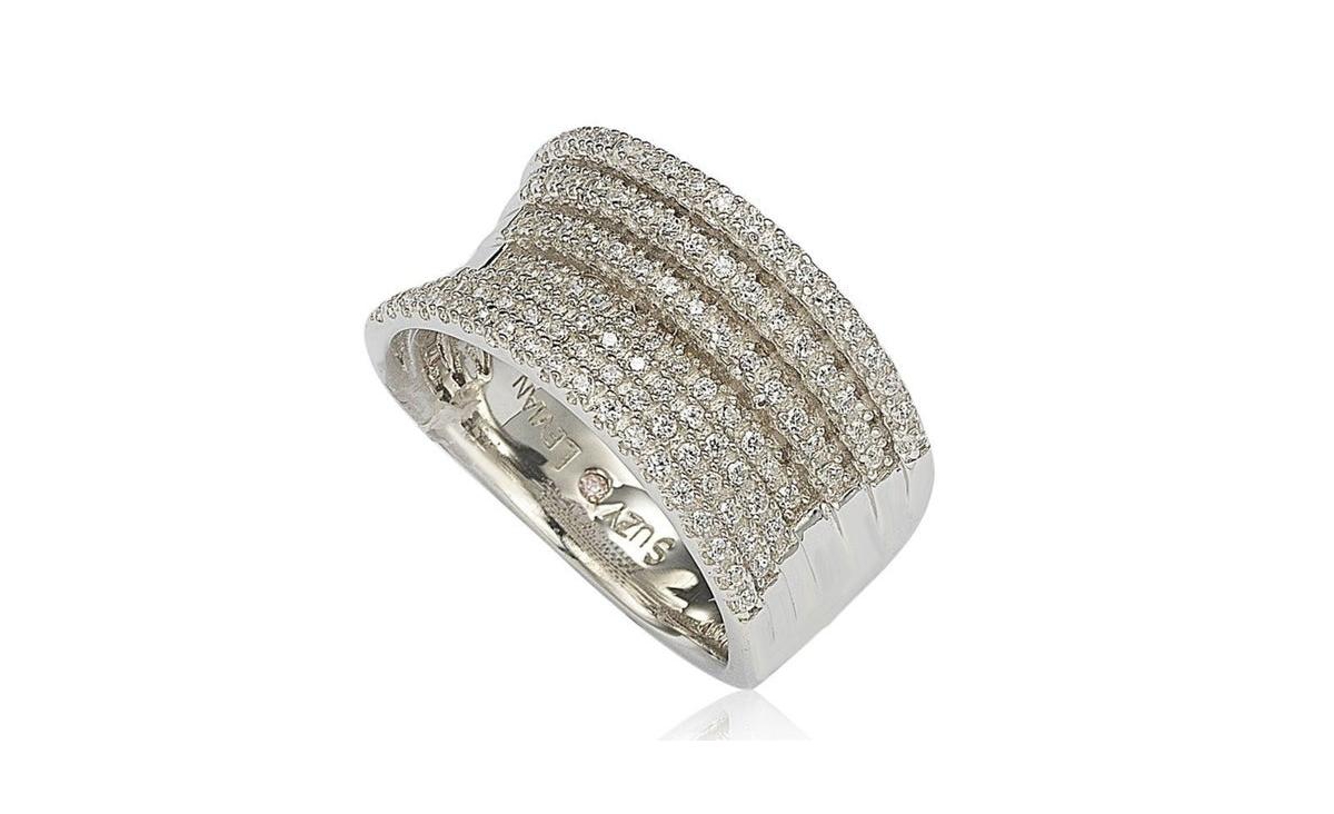 Suzy Levian Sterling Silver Cubic Zirconia Micro Pave Layered Concave Ring - White