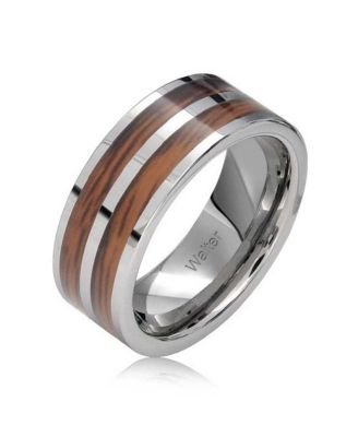 Double Row Wide Stripe Brown Koa Wood Style Inlay Titanium  Band Rings  Silver Tone Comfort Fit 8MM