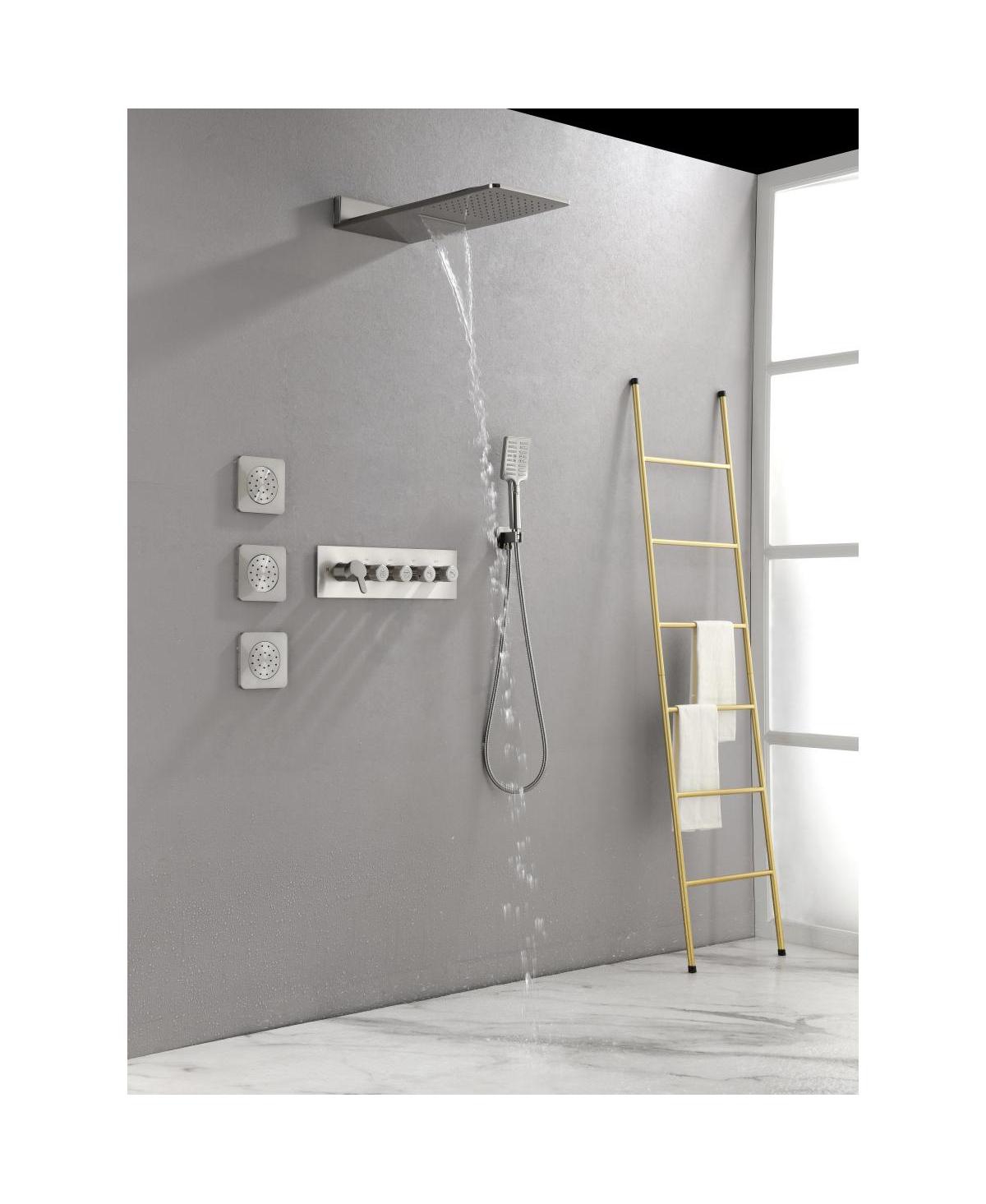 Wall Mounted Waterfall Rain Shower System With 3 Body Sprays & Handheld Shower - Silver