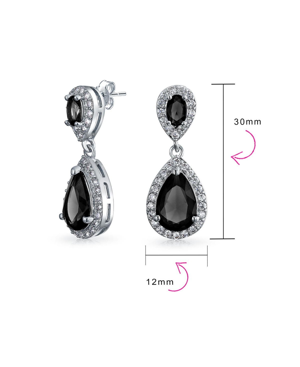 Fashion Pave Cz HaloPear Shaped Teardrop Drop Statement Earrings For Women Prom Rhodium Plated Brass - Black