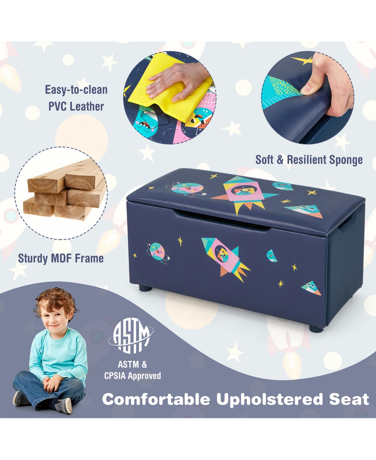 Costway Kids Upholstered Storage Ottoman Bench Versatile Toy Chest Footrest Stool