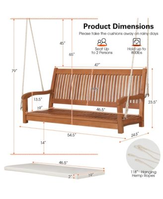 2-Person Hanging Porch Swing Wood Bench with Cushion Curved Back Outdoor Natural