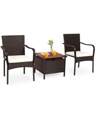 3 Pieces Patio Rattan Furniture Bistro Set with Wood Side Table and Stackable Chair