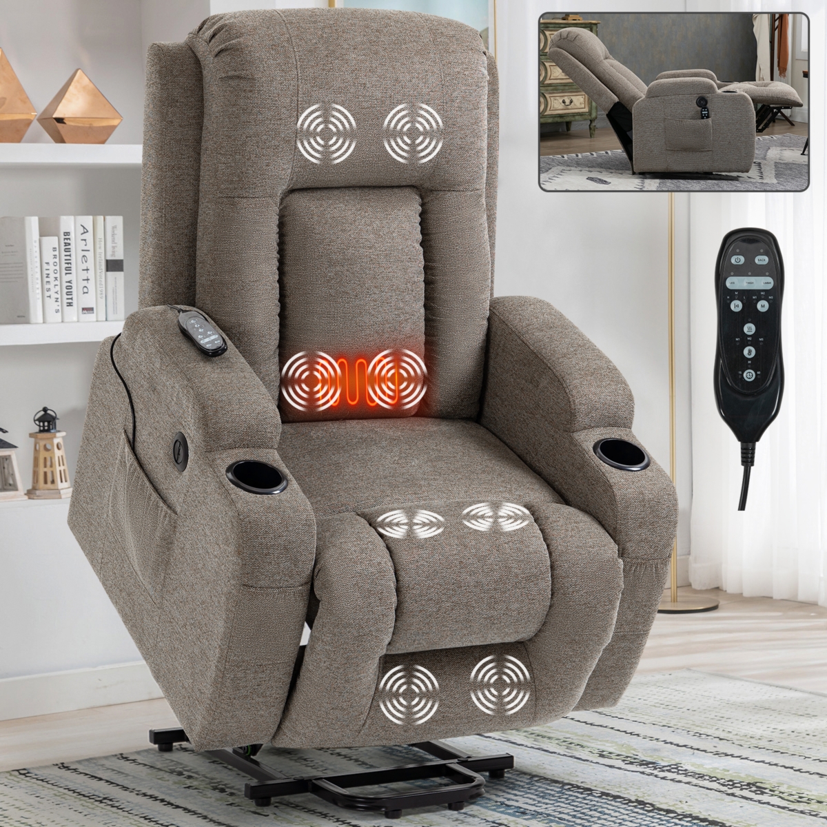 Streamdale 350 lbs Power Lift Recliner with Massage & Heat (Brown)