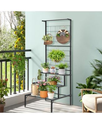 3-Tier Hanging Plant Stand Flower Pot Organizer Rack w/Grid Panel Display Shelf