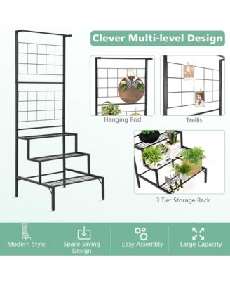 3-Tier Hanging Plant Stand Flower Pot Organizer Rack w/Grid Panel Display Shelf