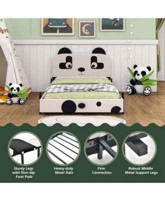 Twin Size Kids Bed Toddler Upholstered Low Profile Bed Frame with Panda Headboard