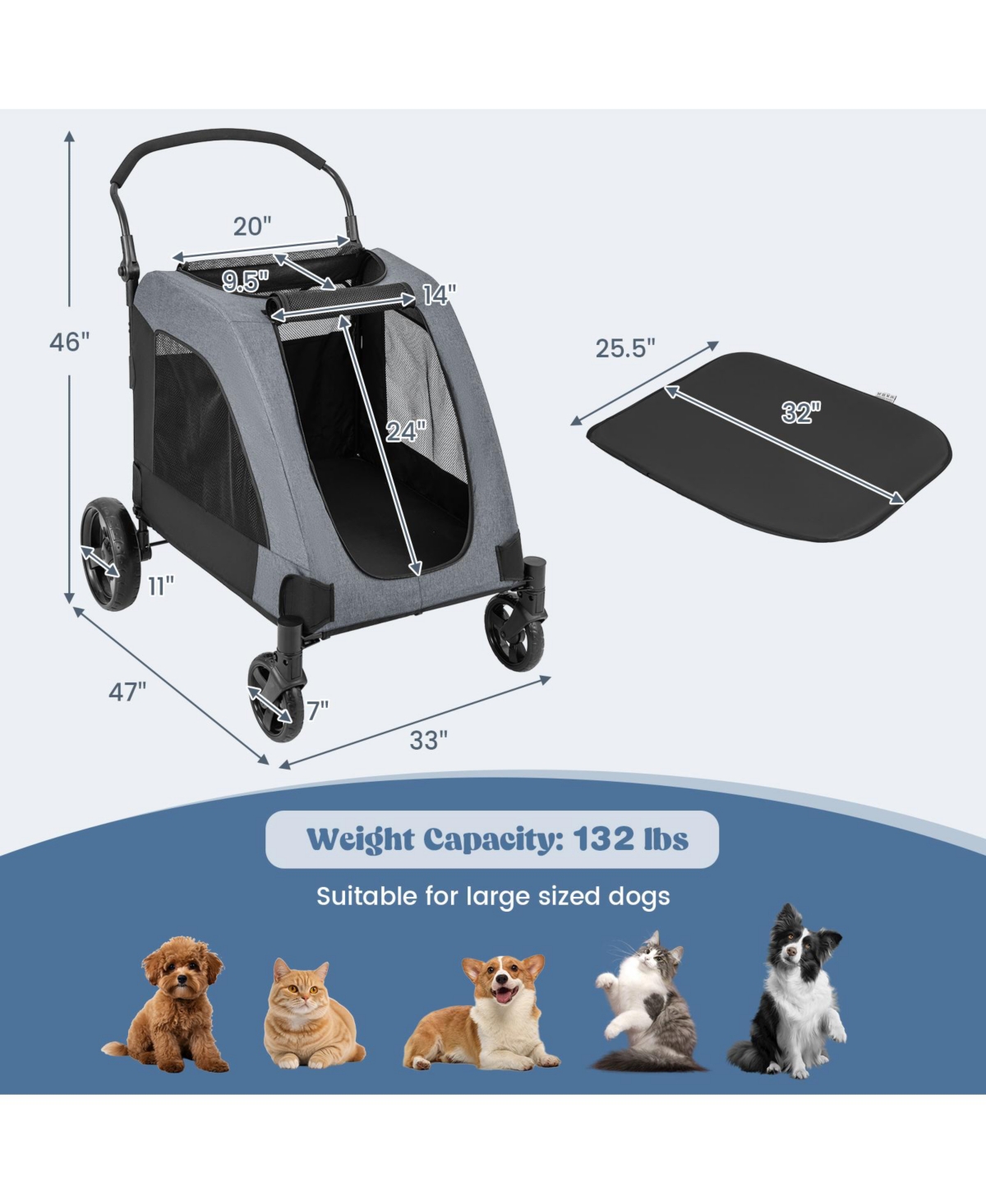 Slickblue 4 Wheels Extra Large Dog Stroller Foldable Pet Stroller with Dual Entry