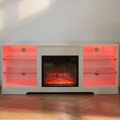 Modern Electric Fireplace TV Stand with Glass Shelves