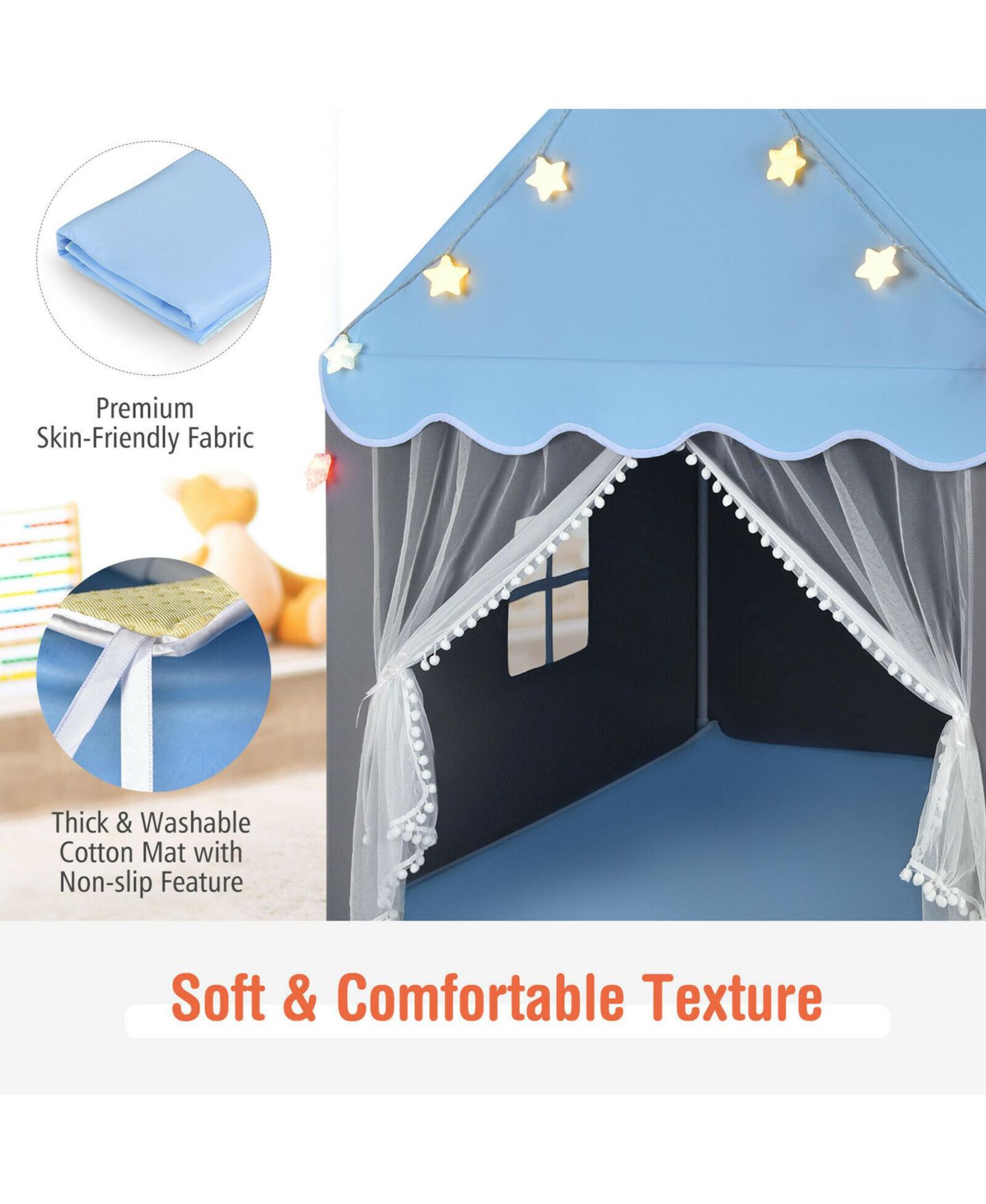Детские игрушки Costway Castle Fairy Tent Star Lights 4-Piece Playhouse, Ages 3+, цвет: Синий — фото 8
