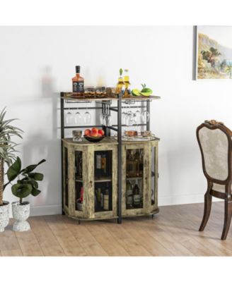 Industrial Corner Bar Cabinet with Glass Holder and Adjustable Shelf