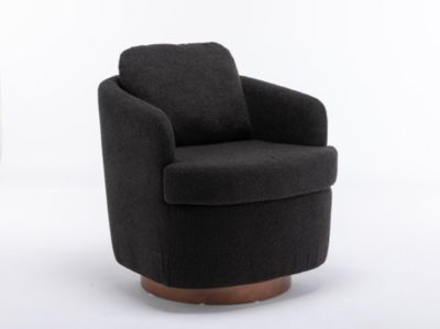 Black Boucle Swivel Accent Chair with Wood Base