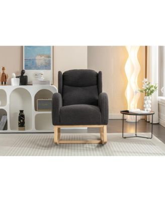 Teddy Fabric Rocking Chair With Packet Wood Legs, Dark Gray