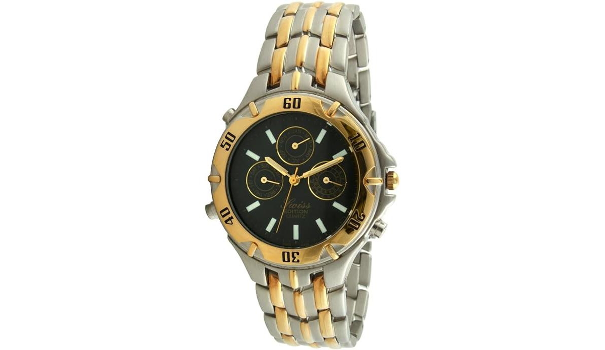 Men's Two Tone Silver and 23K Gold Plated Multifunction Black Dial Gold Sports Bezel Dress Watch - Silver