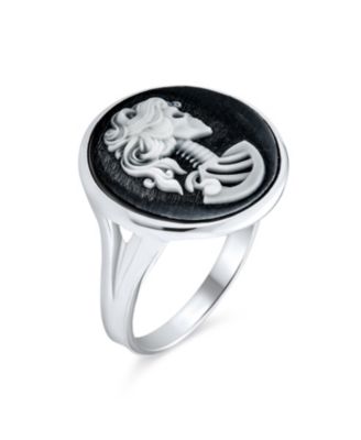 Cool Black White Round Bezel Female Lolita Skelton Cameo Ring For Women Biker Jewelry Rock Sterling Silver