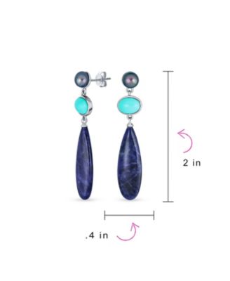 Multi Shape 3 Multi-Tier Dangling Cultured Freshwater Grey Pearl Blue Natural Turquoise Navy Sodalite Long Teardrop Earrings