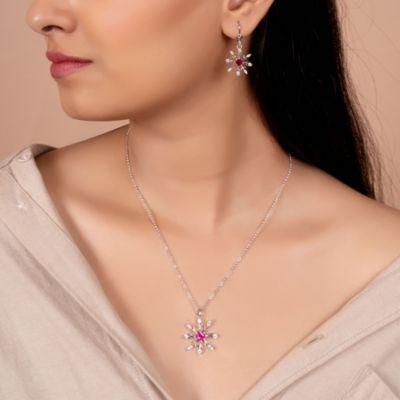 Holiday Party Christmas Pink Rose CZ Clear Cubic Zirconia Snowflake Necklace Pendant Dangling Earrings Jewelry Set For Women Lever Back .925 sterling Silver