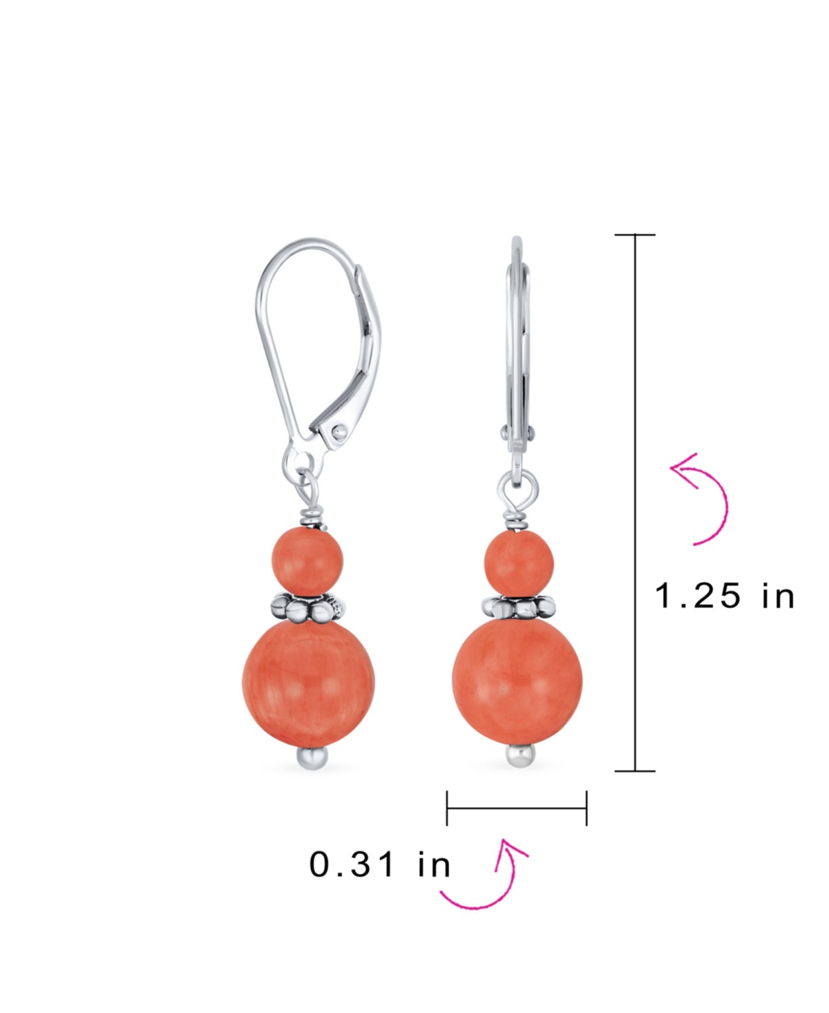 Bling Jewelry Orange Peach Natural Coral Bali Milgrain Edged Beaded Rondel Separator Double Ball Round Drop Dangle Earrings Sterling Silver Lever back