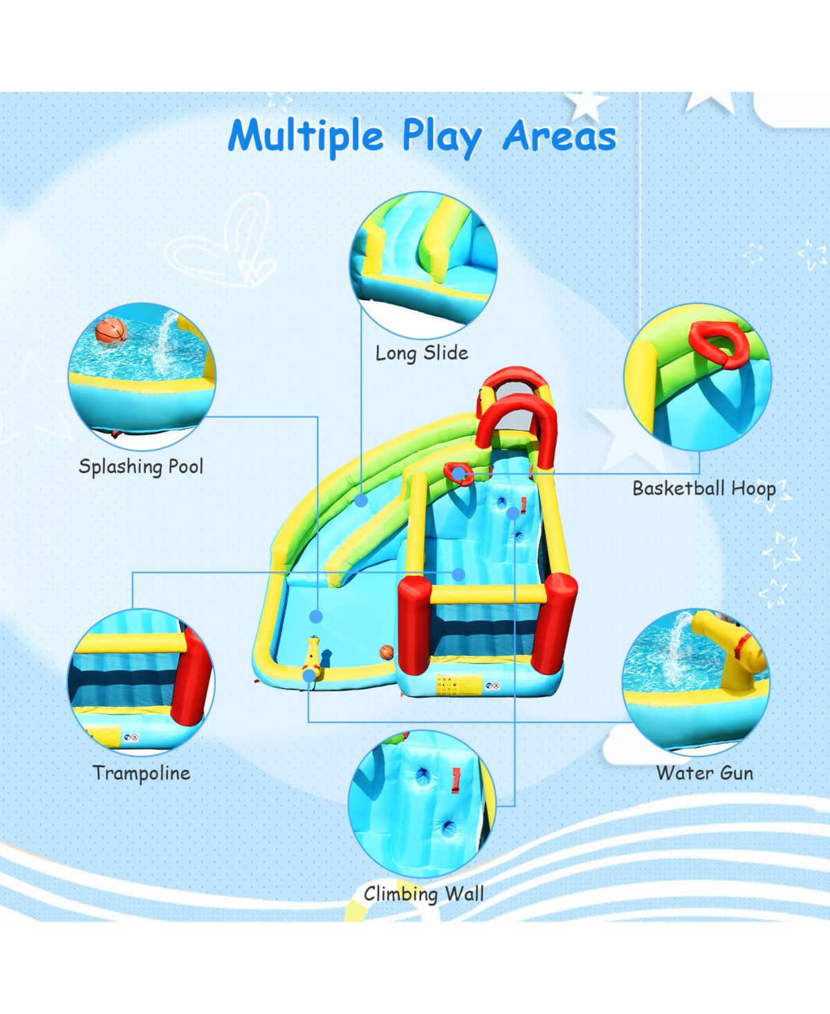 Inolait 6-in-1 Inflatable Bounce House with Climbing Wall and Basketball Hoop with Blower