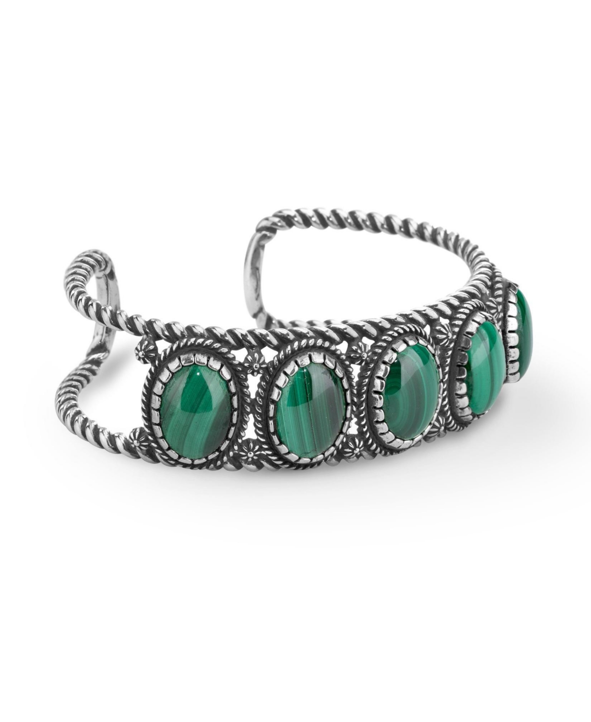 Sterling Silver Women's Cuff Bracelet Green Malachite Gemstone 5-Stone Design Size Small - Large - Green malachite