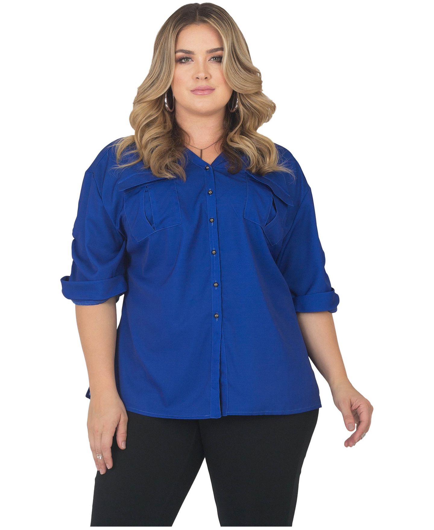 Женская рубашка Standards & Practices Plus Size Button-Down Roll-Up Sleeves, цвет: Яркий королевский синий — фото 1