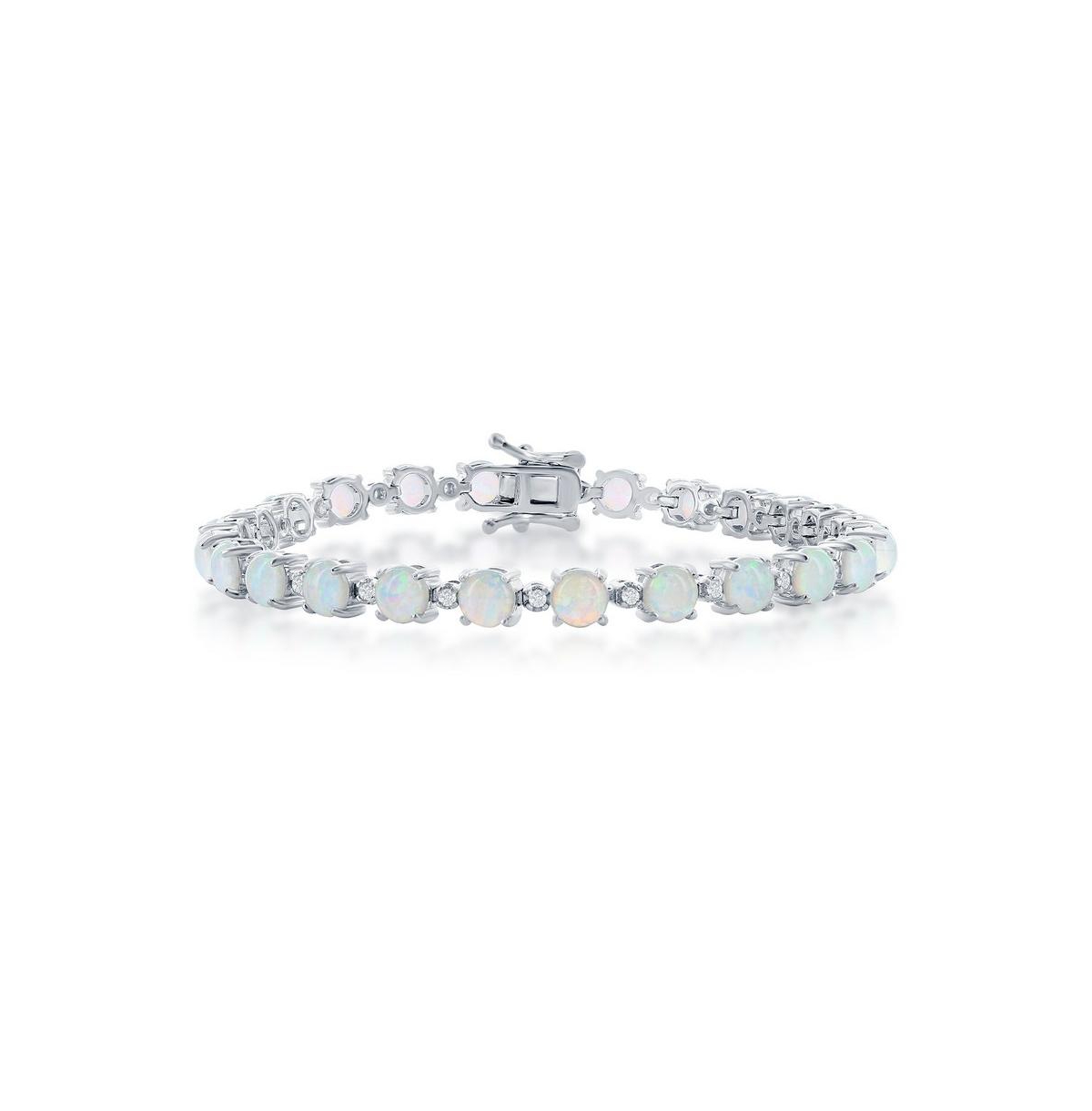 Sterlin Silver Alternating Round Opal & Cz Tennis Bracelet - White