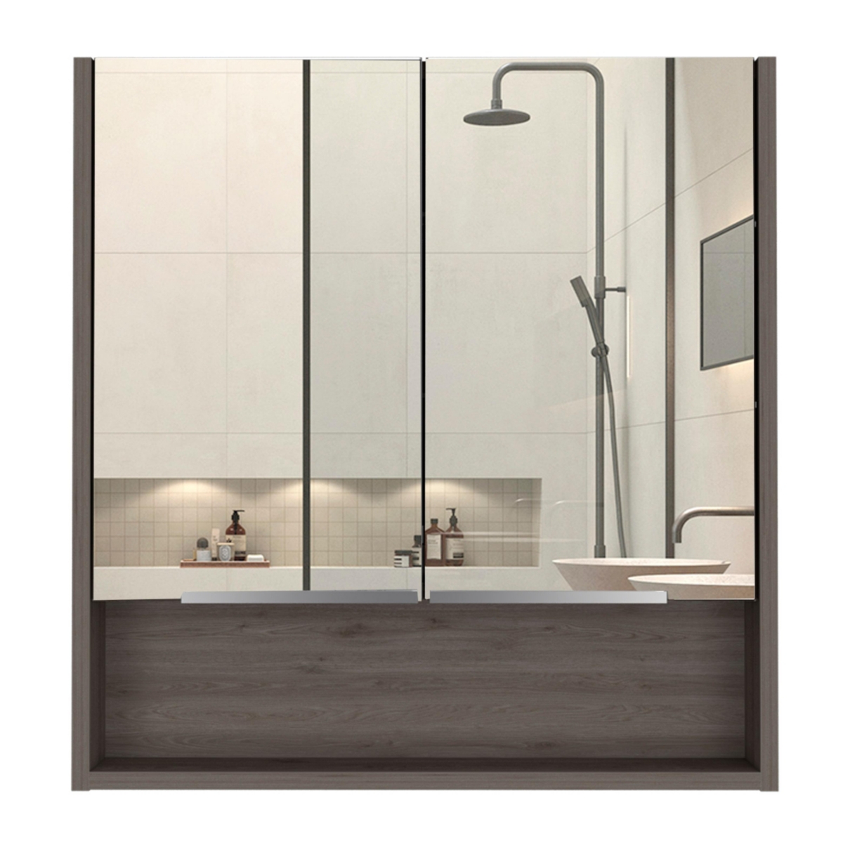 Streamdale Furniture Jaspe Mirror Cabinet, Three Internal Shelves, One Open Shelf, Double Door Cabinet - Light Gray