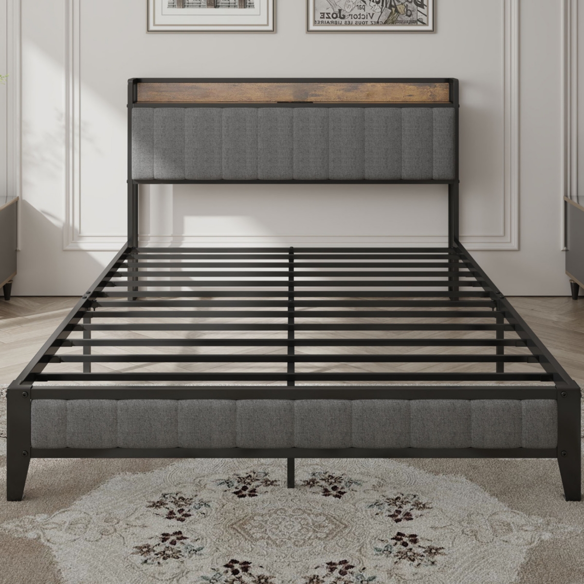Streamdale Grey Upholstered Bed Frame with Charging Station