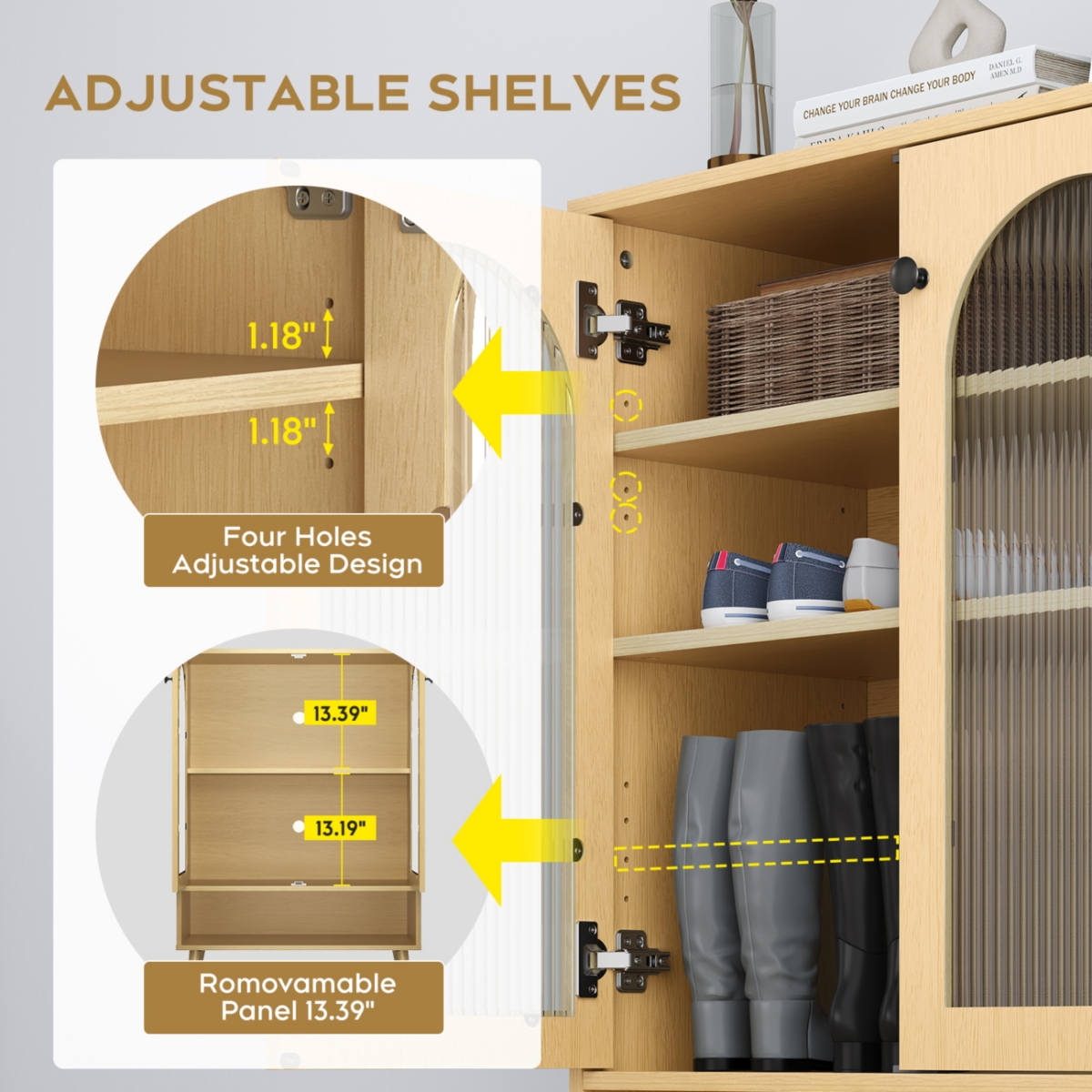 Streamdale Furniture Shoe Storage Cabinet With Adjustable Plates Glass Doors