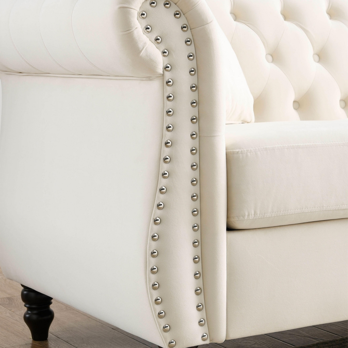 Streamdale Furniture Beige Velvet Chesterfield Sofa with Tufted Couch and Nailhead Trim