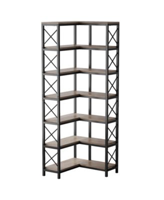 7 Shelf Corner Bookcase, Industrial Large Corner Bookshelf with Metal Frame