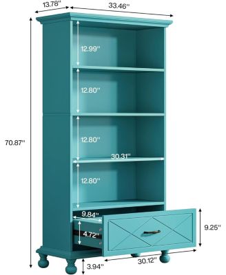 6-Shelf Bookcase with Drawer, 71 Inch Tall Floor Standing Bookshelf with Solid Wood Legs, 6-Tier Large Open Display Storage Book Shelf for Living Room, Home Office