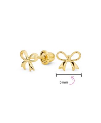 Dainty Tiny Birthday Present Ribbon Solid14K Yellow Gold Mini Bow Stud Earrings Safety Clutch Screw Back