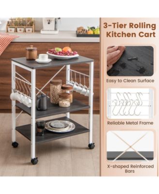 3-Tier Kitchen Baker's Rack with Microwave Shelf, Storage Hooks, and Utility Cart