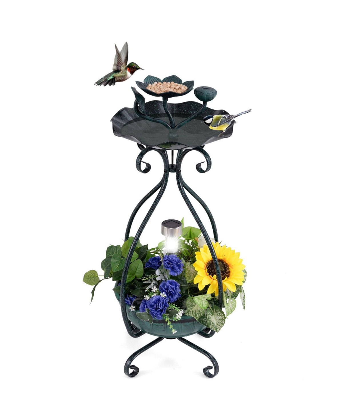 Slickblue Solar Outdoor Bird Bath Feeder Combo with Flower Planter Pedestal and Solar Lights