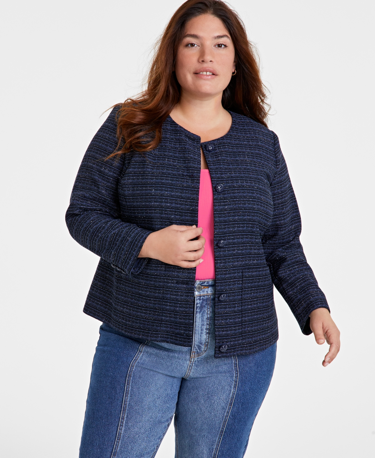 On 34th Trendy Plus Size Tweed Collarless Jacket, Created for Macy's