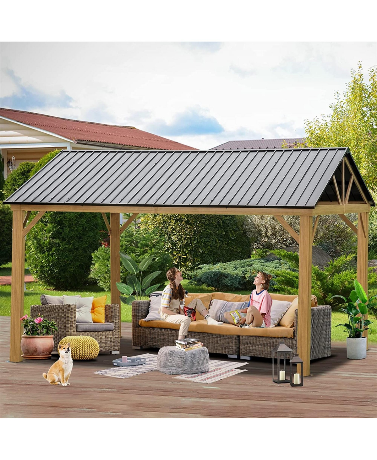 Mondawe Hardtop Gazebo Outdoor Aluminum Gazebo with Galvanized Steel Gable Canopy for Patio Decks Backyard (Yellow-Brown)