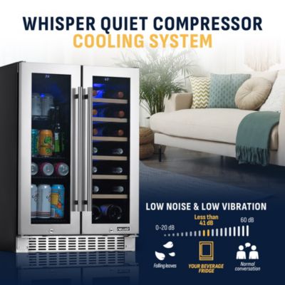 24 Inch Premium Built-in Dual Zone 20 Bottle and 60 Can French Door Wine and Beverage Fridge in Stainless Steel with SplitShelf