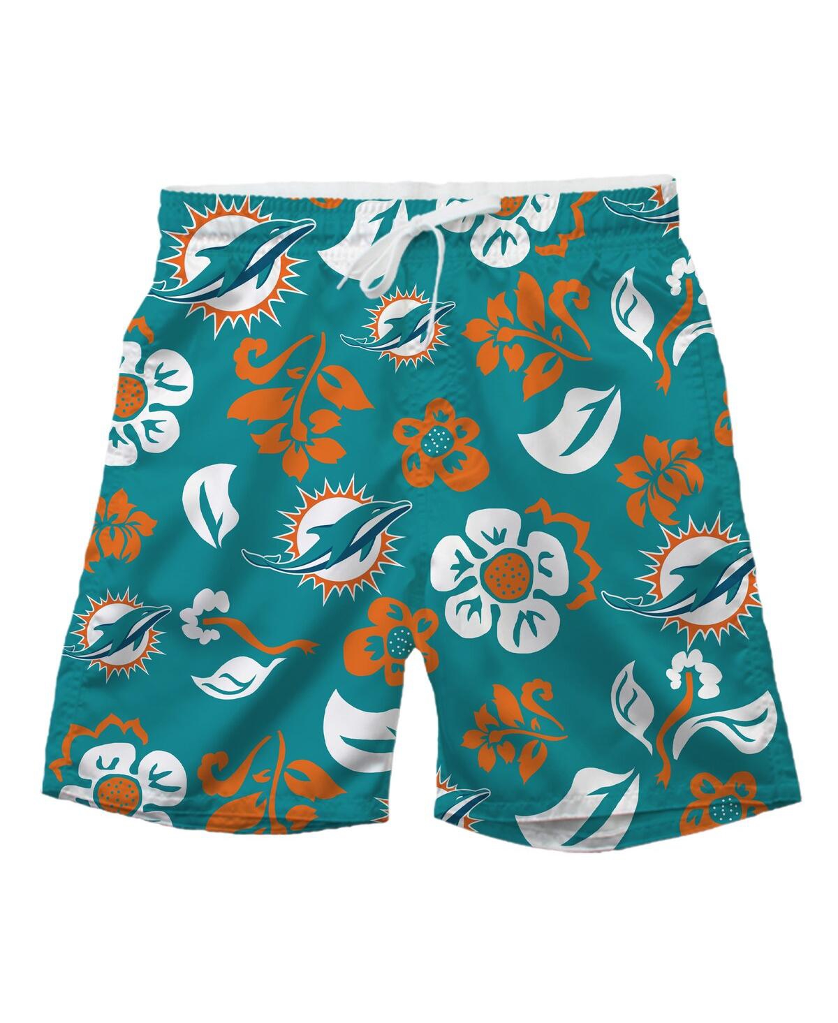 Wes & Willy Wes Willy Big Boys And Girls Aqua Miami Dolphins Floral Volley Swim Trunks In Gray