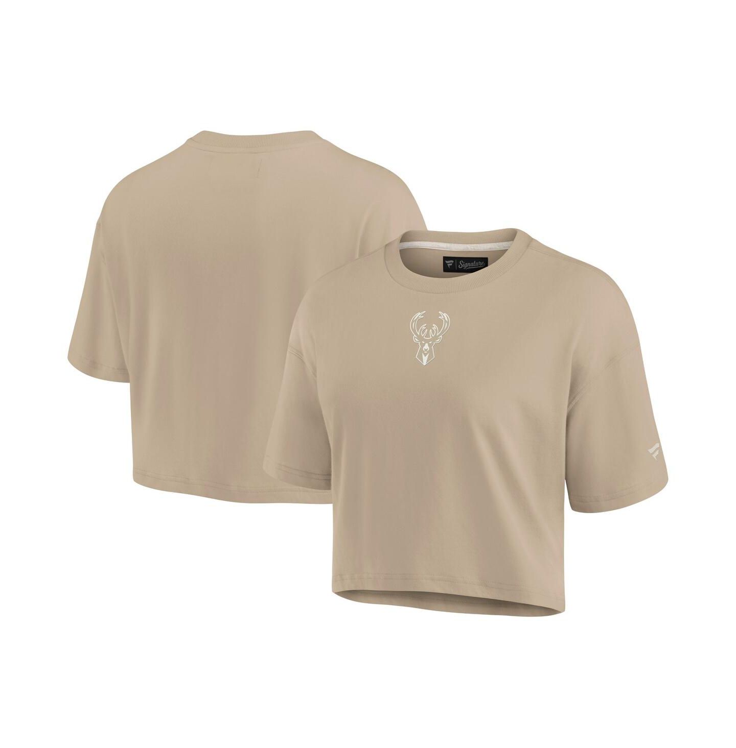 Женская футболка Fanatics Signature Khaki Milwaukee Bucks Elements Super Soft Boxy Cropped — фото 1