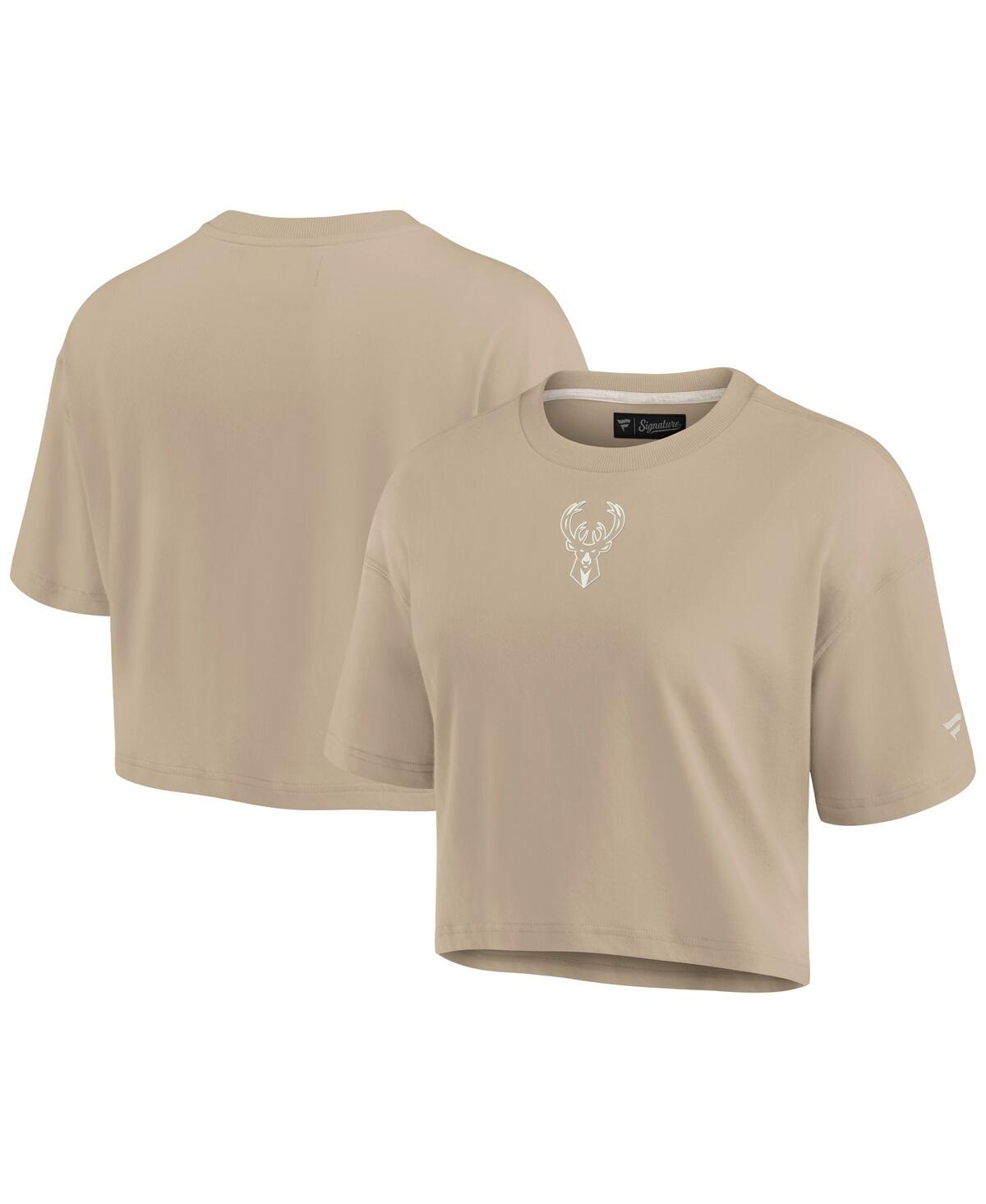 Fanatics Signature Women's Khaki Milwaukee Bucks Elements Super Soft Boxy Cropped T-shirt