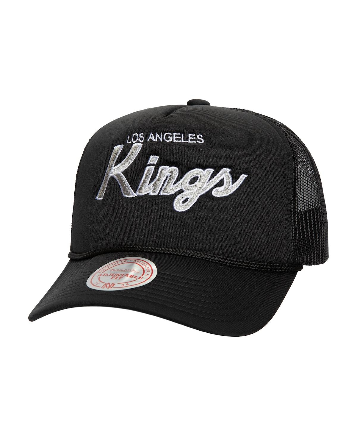 Mitchell Ness Men's Black Los Angeles Kings Script Side Patch Trucker Adjustable Hat - Black