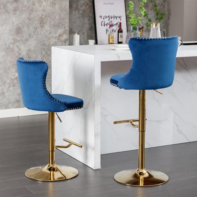 Modern Blue Velvet Bar Stools, Set of 2