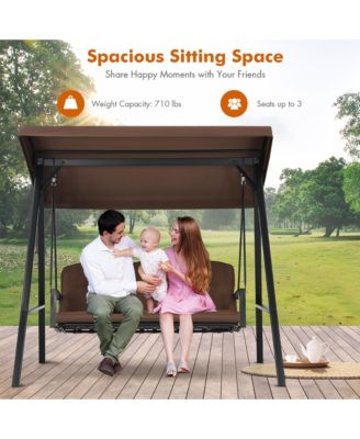 Outdoor 3-Seat Porch Swing with Adjust Canopy and Cushions Brown