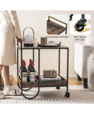 Rolling Buffet Serving Cart with Removable Metal Wire Wine Rack