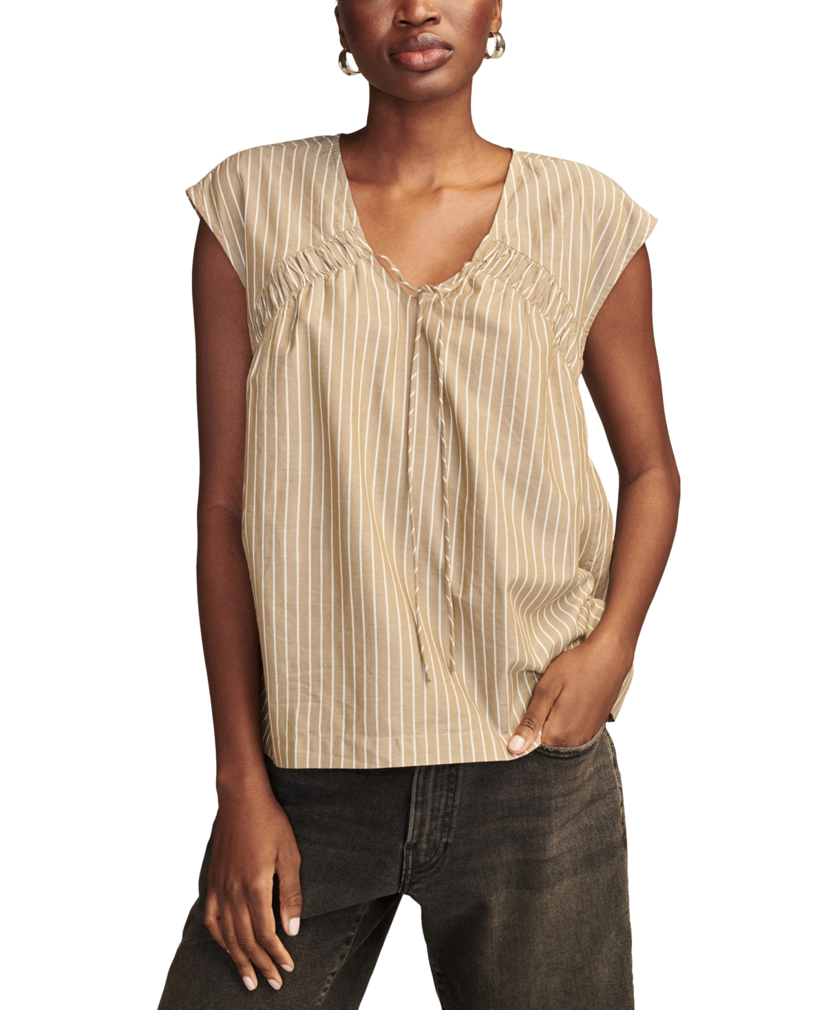Women's Striped Ruched Tie-Front Top - Brown Stripes