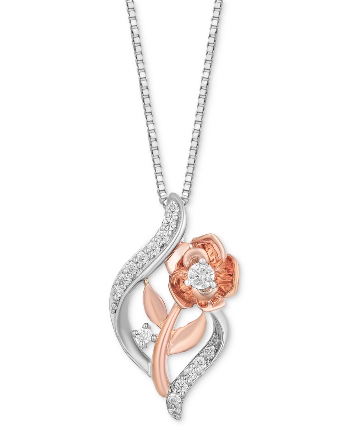 Disney Enchanted Vault Diamond Belle Rose Pendant Necklace (1/5 Ct. T.w.) In Sterling Silver & Rose Gold-plate, 16" + 2" Ex In Sterling Silver  Rose Gold-plate